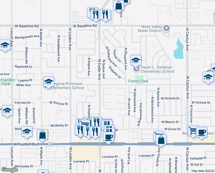 map of restaurants, bars, coffee shops, grocery stores, and more near 1256 West Morgan Street in Rialto