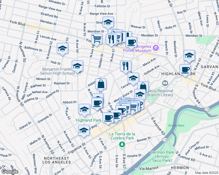 map of restaurants, bars, coffee shops, grocery stores, and more near 374 North Avenue 57 in Los Angeles