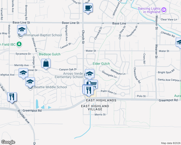 map of restaurants, bars, coffee shops, grocery stores, and more near 28949 Oakwood Lane in Highland