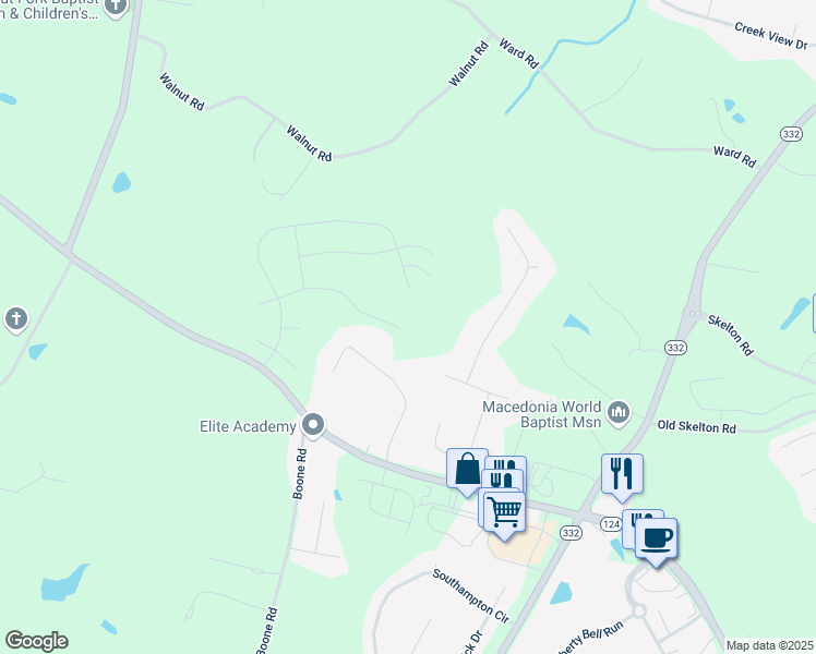 map of restaurants, bars, coffee shops, grocery stores, and more near 305 Pond Court in Hoschton