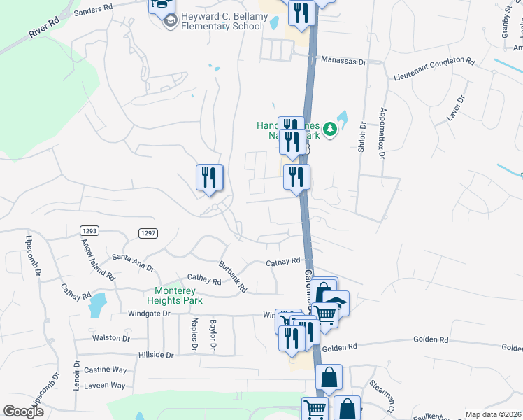 map of restaurants, bars, coffee shops, grocery stores, and more near 6140 Carolina Beach Road in Wilmington