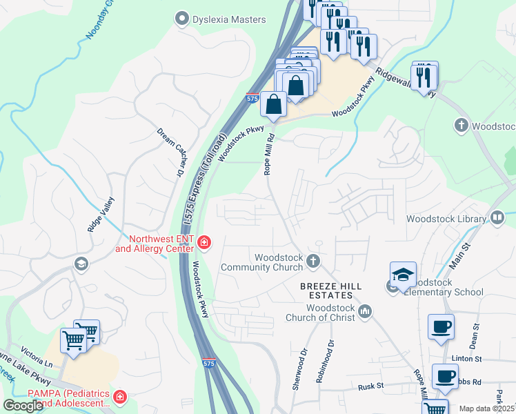 map of restaurants, bars, coffee shops, grocery stores, and more near 214 Bluestone Drive in Holly Springs