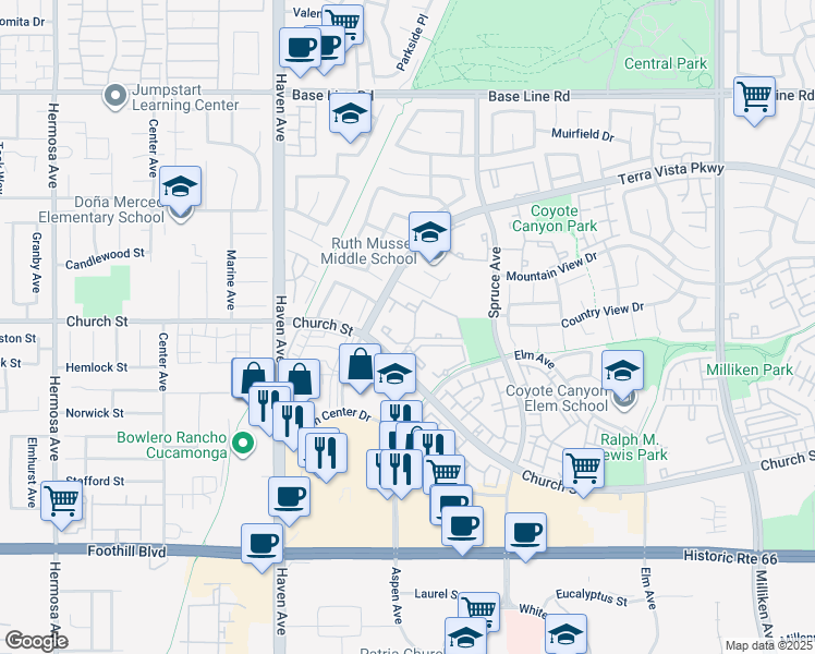 map of restaurants, bars, coffee shops, grocery stores, and more near 10730 Church Street in Rancho Cucamonga