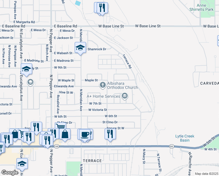 map of restaurants, bars, coffee shops, grocery stores, and more near 2495 Etiwanda Avenue in San Bernardino