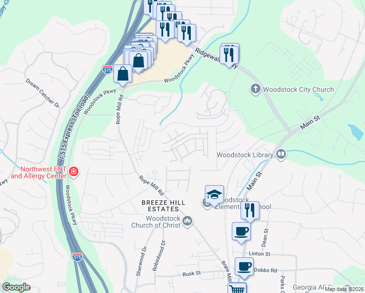 map of restaurants, bars, coffee shops, grocery stores, and more near 602 Market Place Lane in Woodstock
