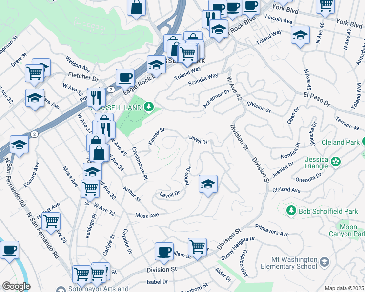 map of restaurants, bars, coffee shops, grocery stores, and more near 3666 The Paseo in Los Angeles