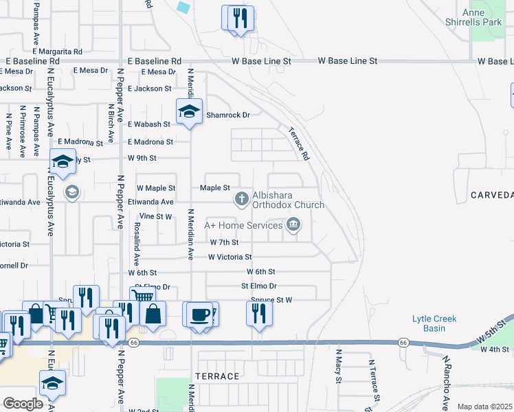 map of restaurants, bars, coffee shops, grocery stores, and more near 2495 Etiwanda Avenue in San Bernardino