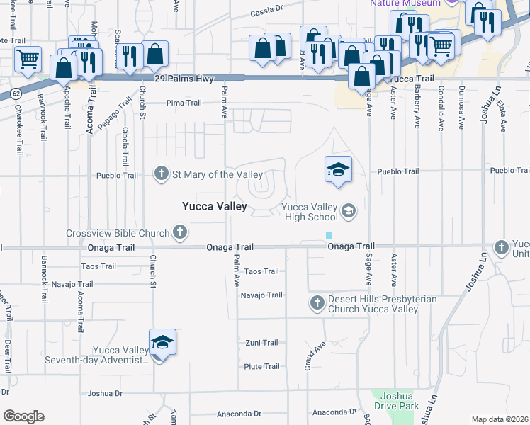 map of restaurants, bars, coffee shops, grocery stores, and more near 7501 Palm Avenue in Yucca Valley