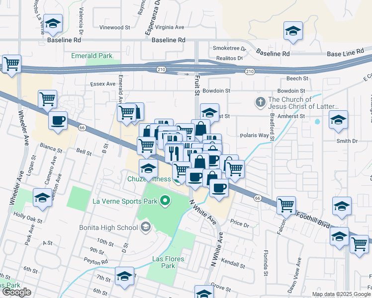 map of restaurants, bars, coffee shops, grocery stores, and more near 2229 Foothill Boulevard in La Verne