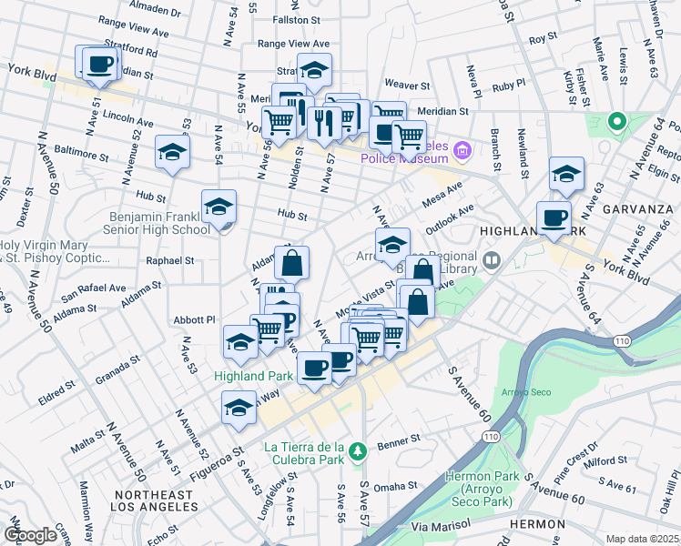 map of restaurants, bars, coffee shops, grocery stores, and more near 348 North Avenue 59 in Los Angeles