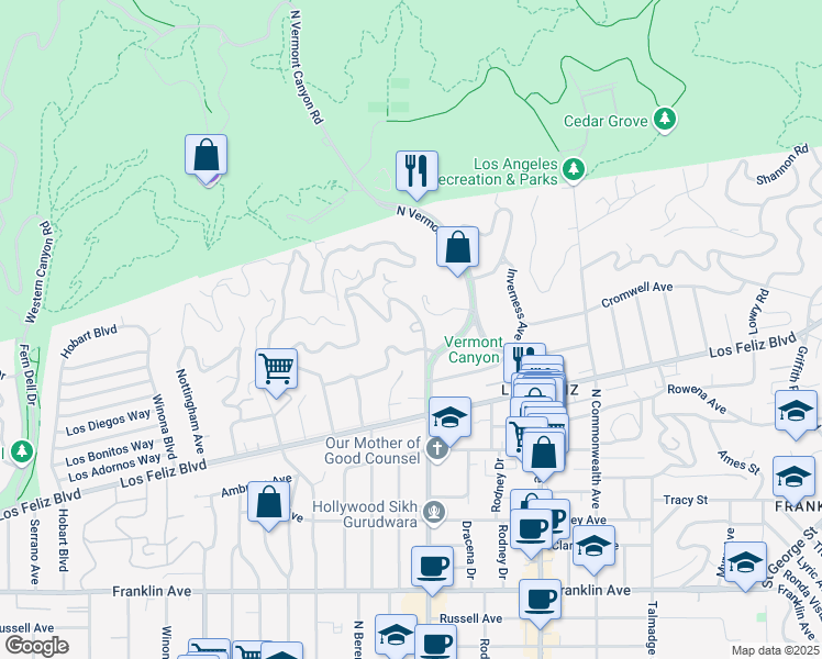 map of restaurants, bars, coffee shops, grocery stores, and more near 2467 Glendower Avenue in Los Angeles