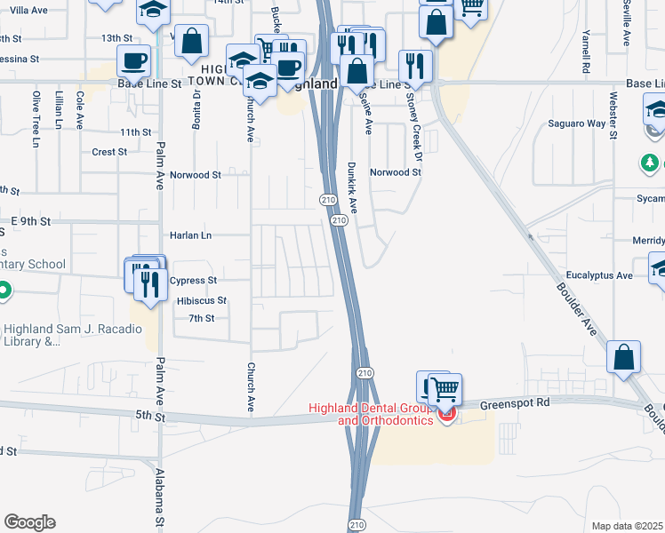map of restaurants, bars, coffee shops, grocery stores, and more near 7717 Church Avenue in Highland