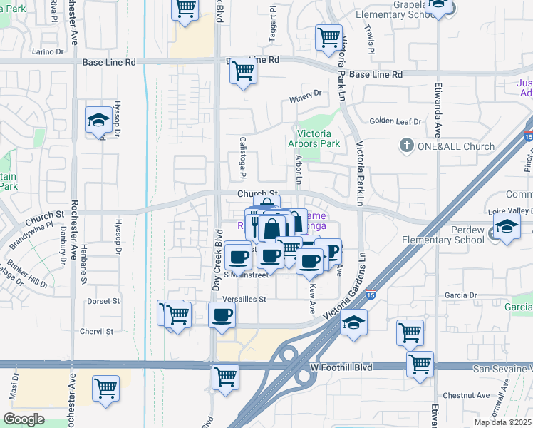 map of restaurants, bars, coffee shops, grocery stores, and more near 12422 Benton Drive in Rancho Cucamonga