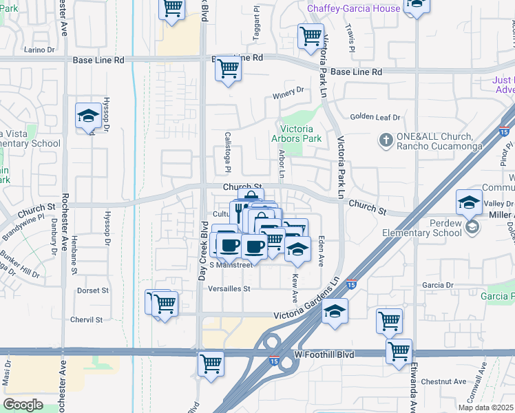 map of restaurants, bars, coffee shops, grocery stores, and more near 12422 Benton Drive in Rancho Cucamonga