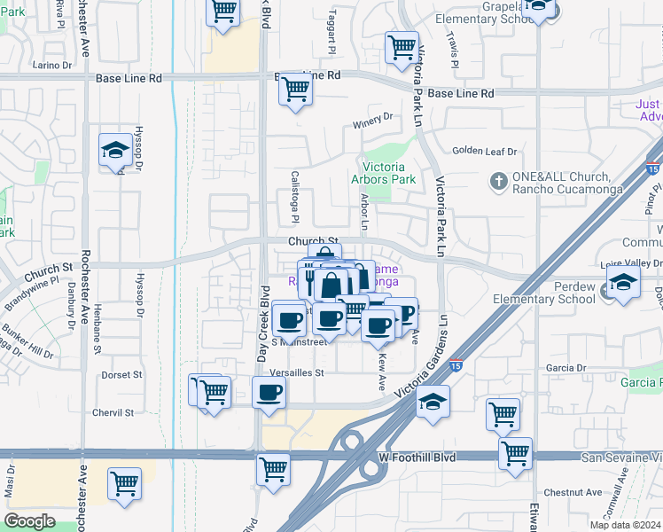 map of restaurants, bars, coffee shops, grocery stores, and more near 12446 Canal Drive in Rancho Cucamonga