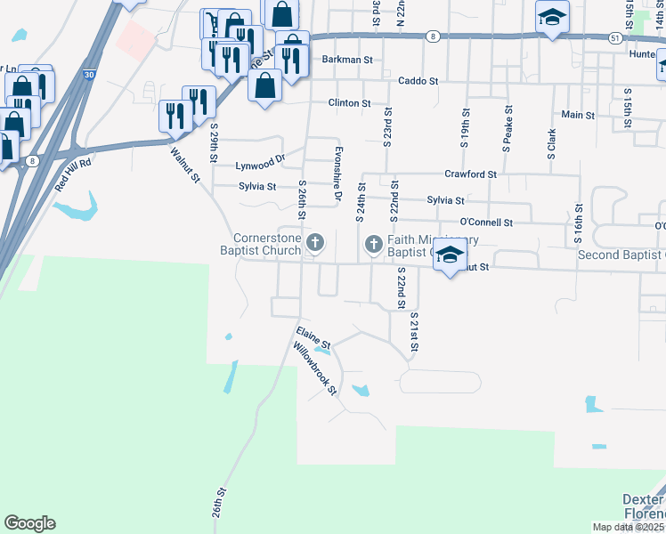 map of restaurants, bars, coffee shops, grocery stores, and more near 814 South 25th Street in Arkadelphia