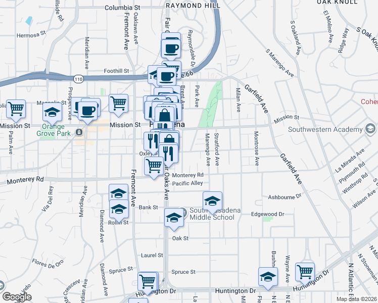 map of restaurants, bars, coffee shops, grocery stores, and more near Oxley Street in South Pasadena