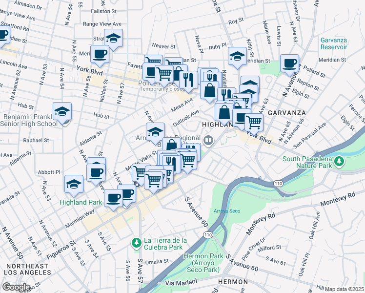 map of restaurants, bars, coffee shops, grocery stores, and more near Sumter Drive in Los Angeles