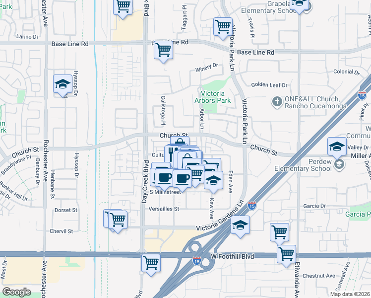 map of restaurants, bars, coffee shops, grocery stores, and more near 12446 Canal Drive in Rancho Cucamonga