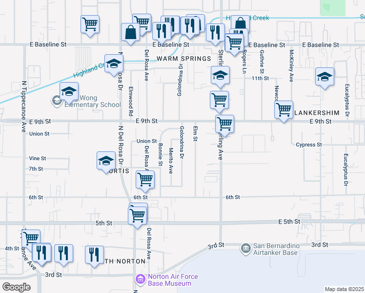map of restaurants, bars, coffee shops, grocery stores, and more near 25522 Union Street in San Bernardino