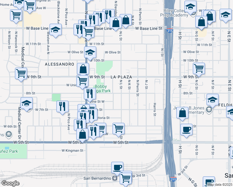 map of restaurants, bars, coffee shops, grocery stores, and more near 824 North L Street in San Bernardino