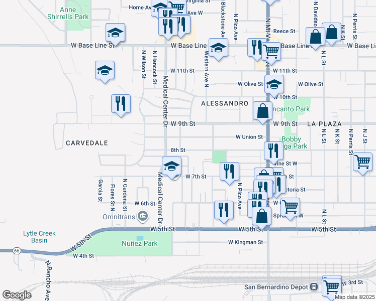 map of restaurants, bars, coffee shops, grocery stores, and more near 1565 West Union Street in San Bernardino