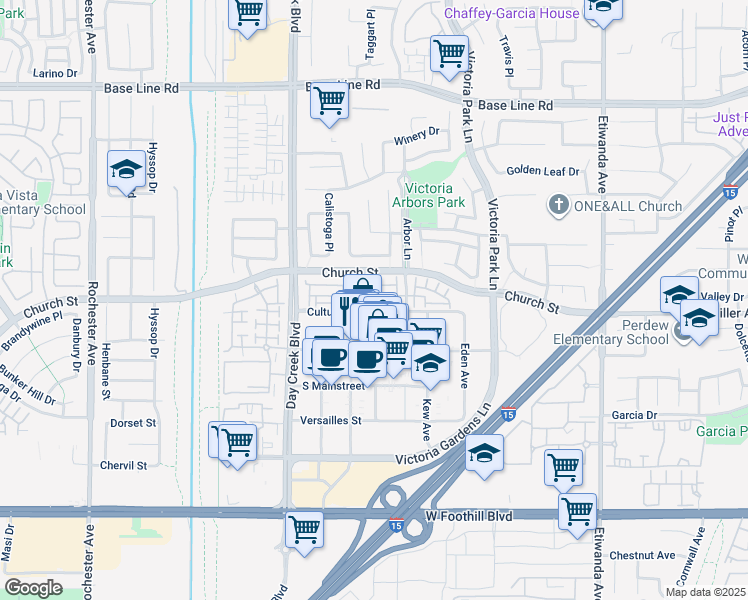 map of restaurants, bars, coffee shops, grocery stores, and more near 12422 Benton Drive in Rancho Cucamonga