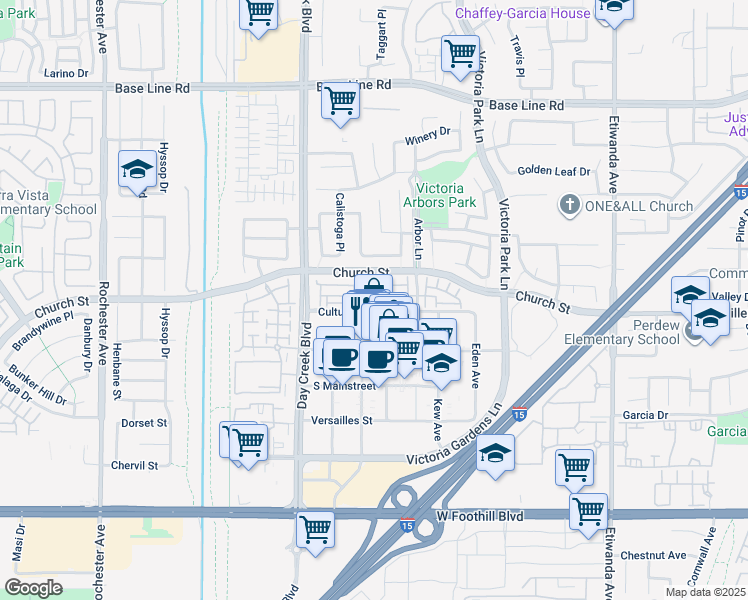 map of restaurants, bars, coffee shops, grocery stores, and more near 12422 Benton Drive in Rancho Cucamonga