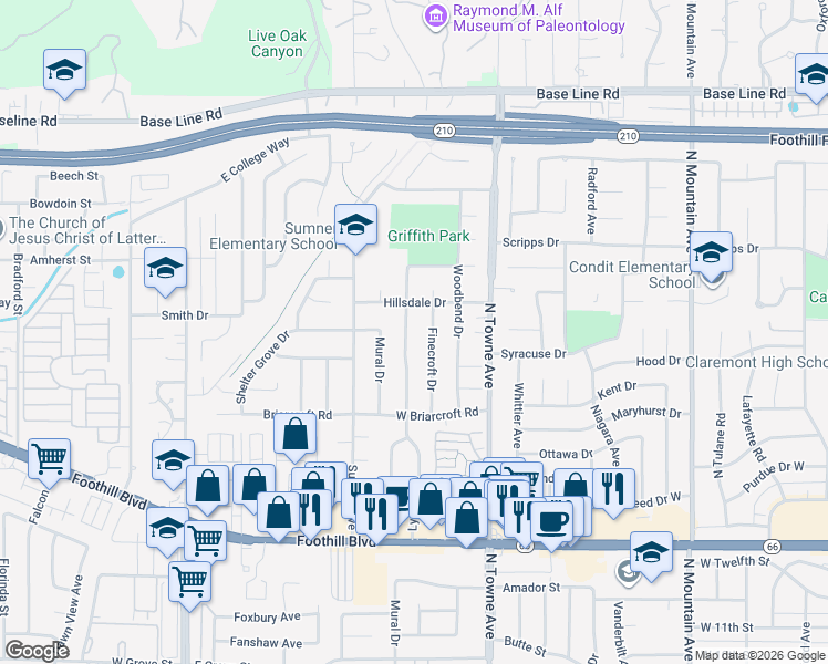 map of restaurants, bars, coffee shops, grocery stores, and more near 1186 Hillsdale Drive in Claremont