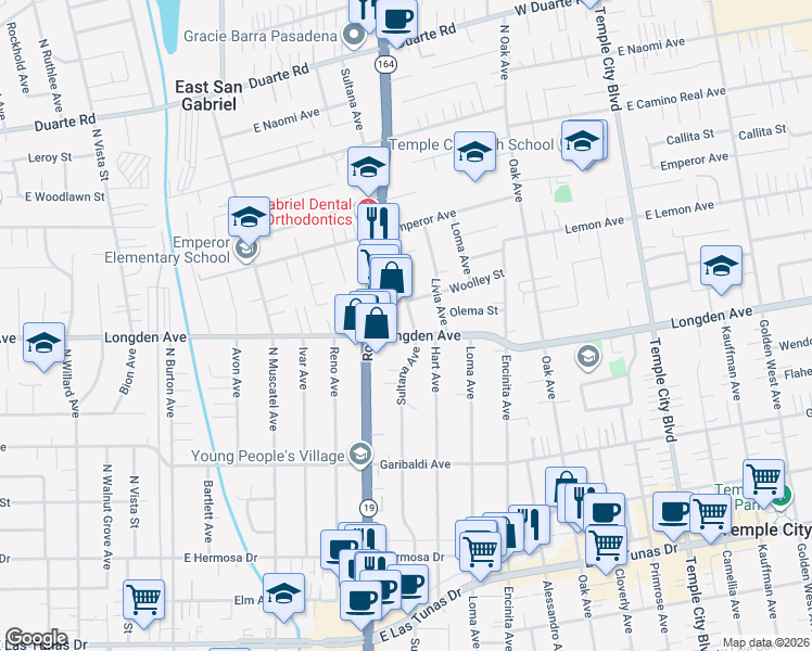 map of restaurants, bars, coffee shops, grocery stores, and more near 6332 Rosemead Boulevard in San Gabriel
