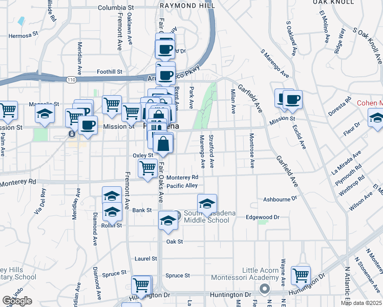 map of restaurants, bars, coffee shops, grocery stores, and more near 1733 Virginia Place in South Pasadena