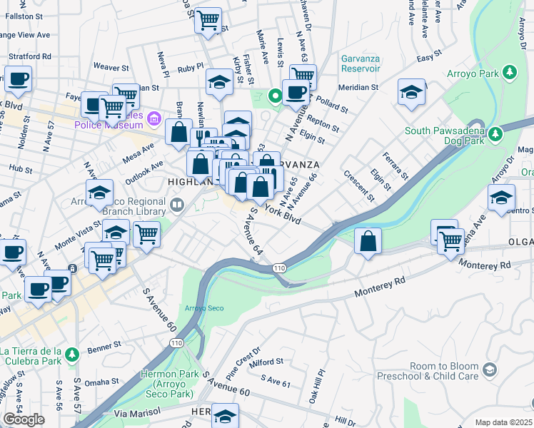 map of restaurants, bars, coffee shops, grocery stores, and more near 6421 York Boulevard in Los Angeles