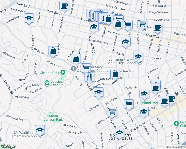 map of restaurants, bars, coffee shops, grocery stores, and more near 848 North Avenue 50 in Los Angeles