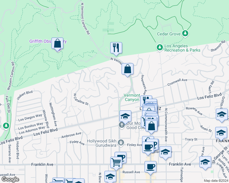 map of restaurants, bars, coffee shops, grocery stores, and more near 2467 Glendower Avenue in Los Angeles
