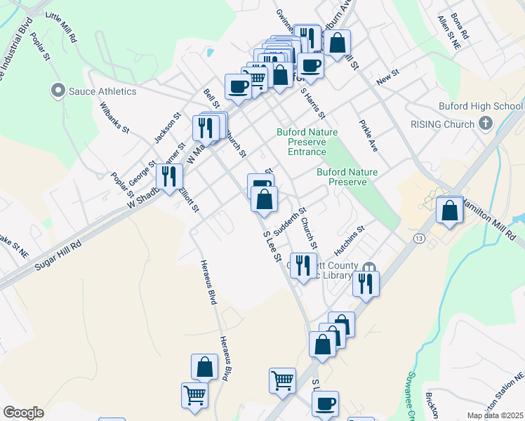 map of restaurants, bars, coffee shops, grocery stores, and more near 4685 South Lee Street in Buford