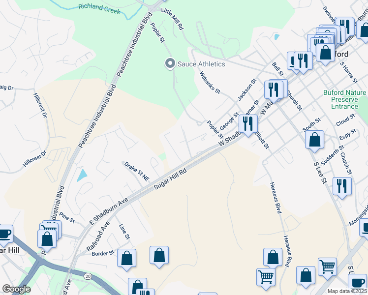 map of restaurants, bars, coffee shops, grocery stores, and more near 50 Woodland St in Buford