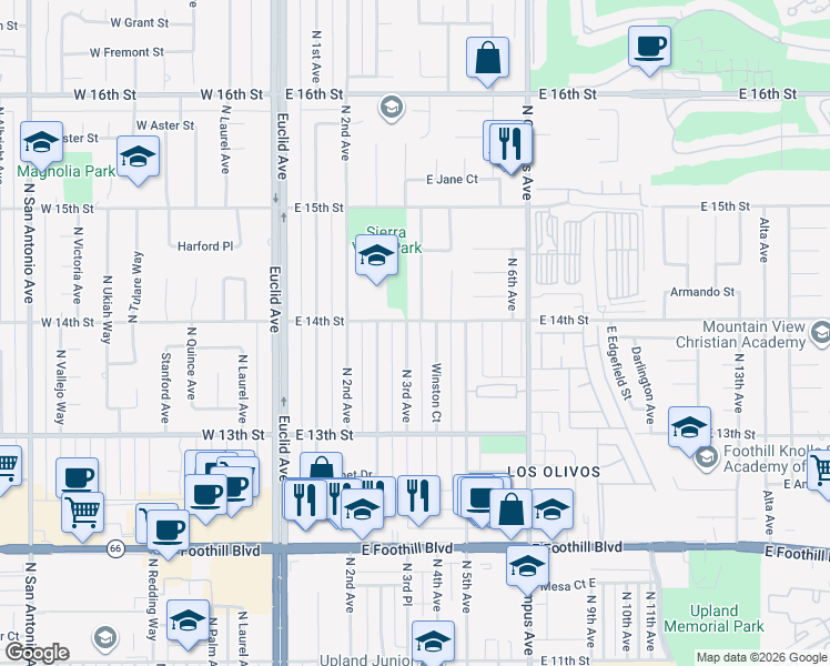 map of restaurants, bars, coffee shops, grocery stores, and more near 1392 North 3rd Avenue in Upland