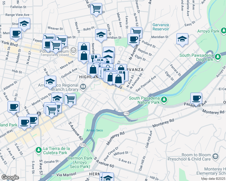 map of restaurants, bars, coffee shops, grocery stores, and more near 117 South Avenue 64 in Los Angeles