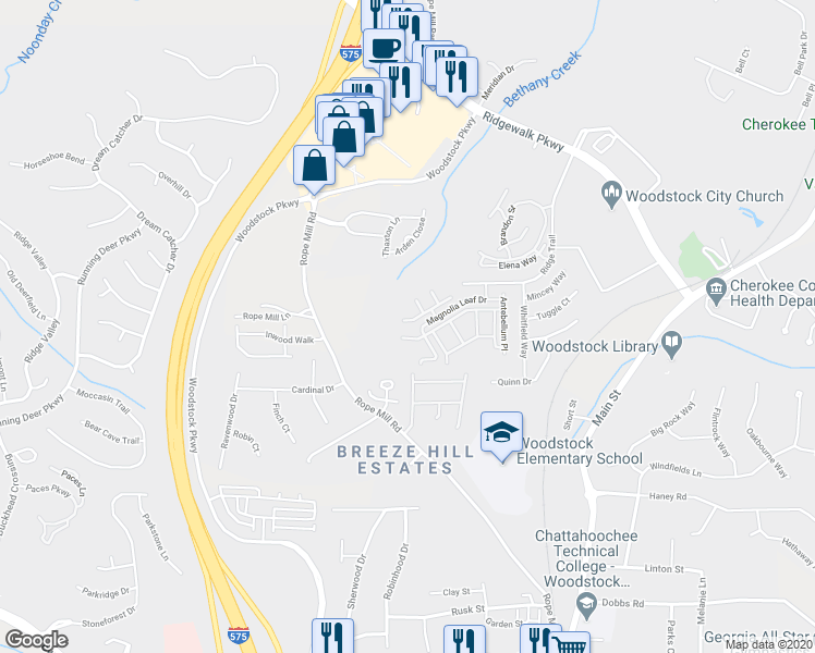 map of restaurants, bars, coffee shops, grocery stores, and more near 1108 Cotton Gin Drive in Woodstock