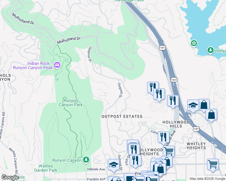 map of restaurants, bars, coffee shops, grocery stores, and more near 2402 Carman Crest Drive in Los Angeles