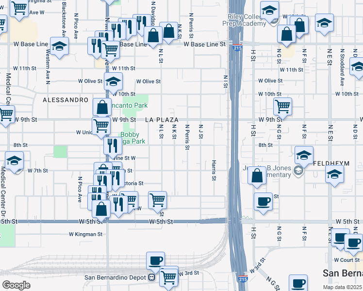 map of restaurants, bars, coffee shops, grocery stores, and more near 1049 West 8th Street in San Bernardino