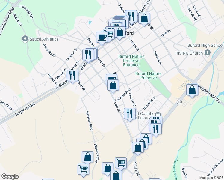 map of restaurants, bars, coffee shops, grocery stores, and more near 4685 South Lee Street in Buford