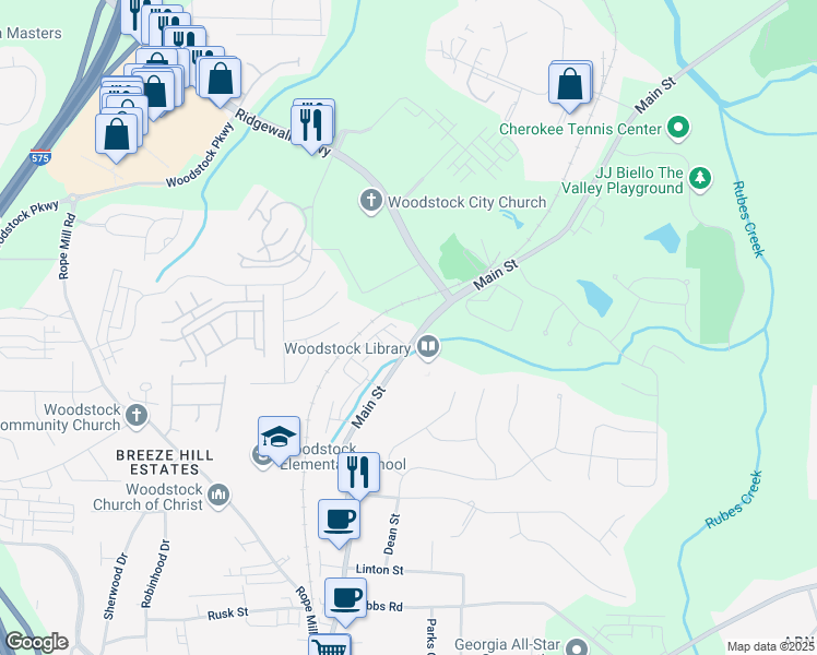map of restaurants, bars, coffee shops, grocery stores, and more near 7664 Main Street in Woodstock