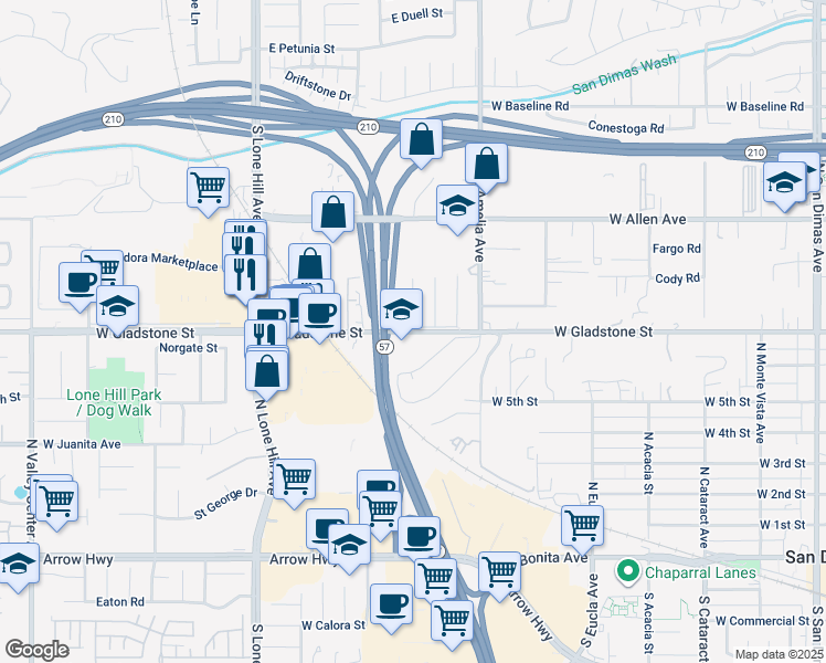 map of restaurants, bars, coffee shops, grocery stores, and more near West Gladstone Street & Groveton Avenue in San Dimas