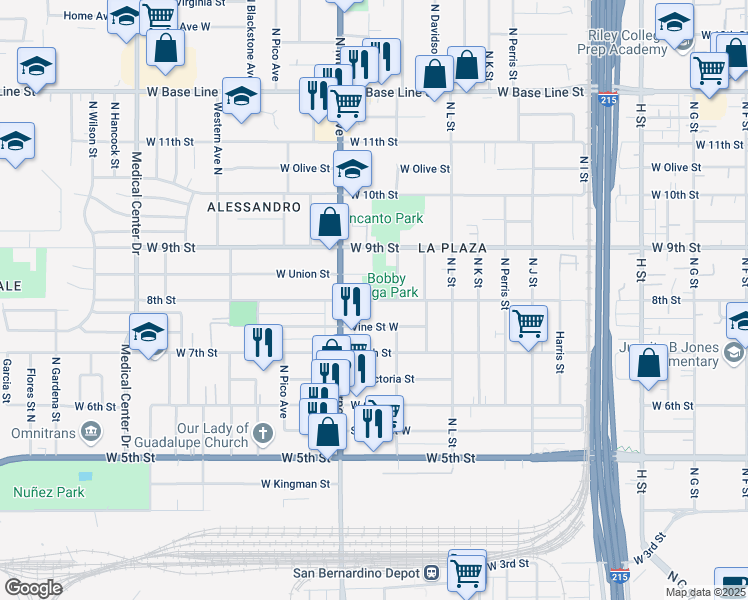map of restaurants, bars, coffee shops, grocery stores, and more near 800-862 North Garner Avenue in San Bernardino