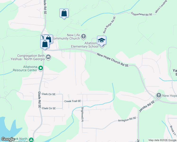map of restaurants, bars, coffee shops, grocery stores, and more near 4219 New Hope Church Rd SE in Acworth