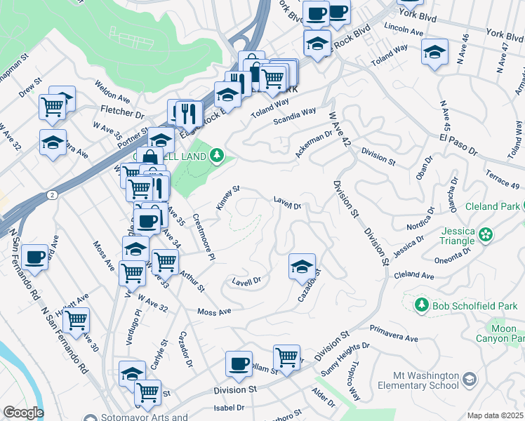 map of restaurants, bars, coffee shops, grocery stores, and more near 3670 The Paseo in Los Angeles