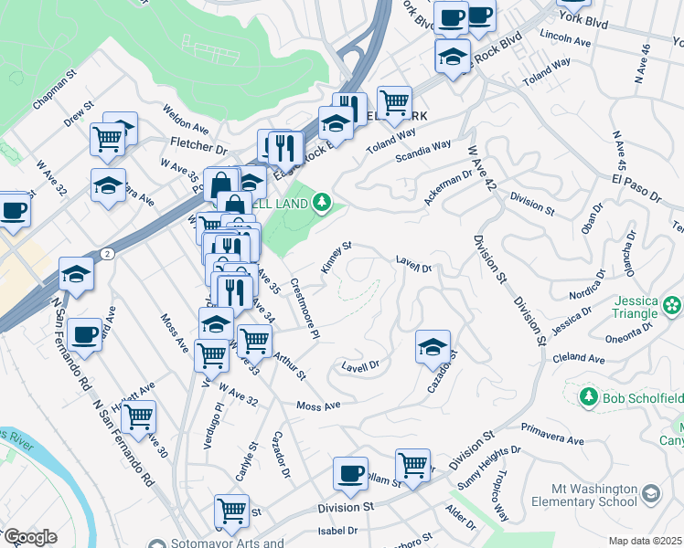 map of restaurants, bars, coffee shops, grocery stores, and more near 2544 El Rosa Drive in Los Angeles