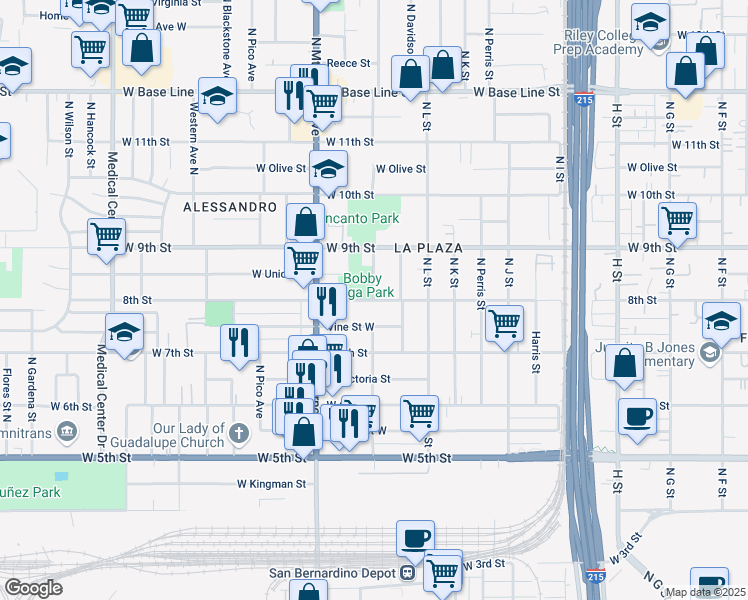 map of restaurants, bars, coffee shops, grocery stores, and more near 800 North Garner Avenue in San Bernardino