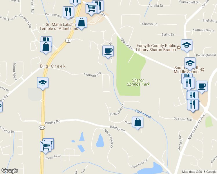 map of restaurants, bars, coffee shops, grocery stores, and more near 2295 Hemrick Road in Cumming